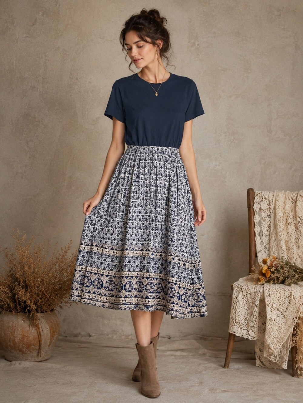 Thursday Island Midi Dress Womens S Navy Blue Fit & Flare BOHO Prairie